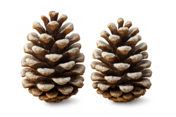 Pinecones covered in white frost and snow, symbolizing winter, christmas, holidays, and natural forest decoration
