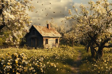An orchard farmhouse surrounded by blooming fruit trees, bees buzzing lazily through the fragrant air 