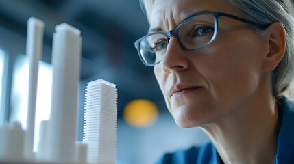 Close-up of an architect with glasses, deep in thought, reviewing a detailed architectural model. A moment of intense focus, where innovation takes shape through careful consideration.