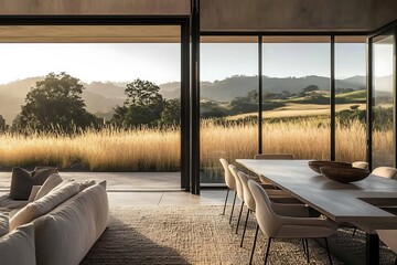 An ultra-modern farmhouse design with large glass walls overlooking fields of tall golden grass 