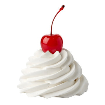 Perfectly piped swirl of white whipped cream topped with a glossy maraschino cherry against a black background