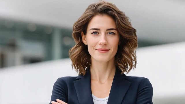 Confident Professional: A sophisticated and confident woman, radiating poise and determination, stands in front of a modern architectural backdrop, portraying success and professionalism.