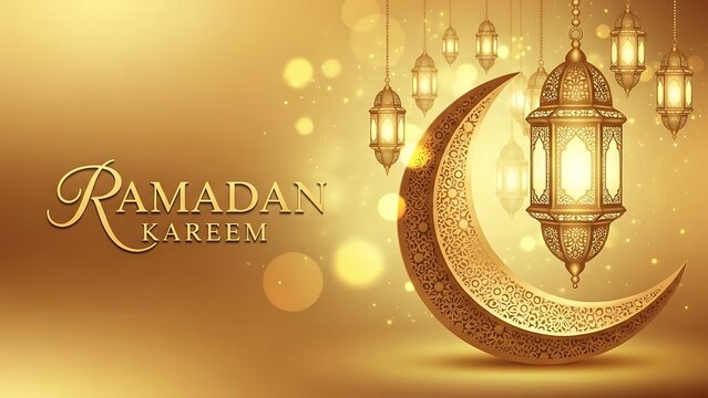 Golden ramadan crescent moon and lanterns with calligraphy for islamic holiday celebrations