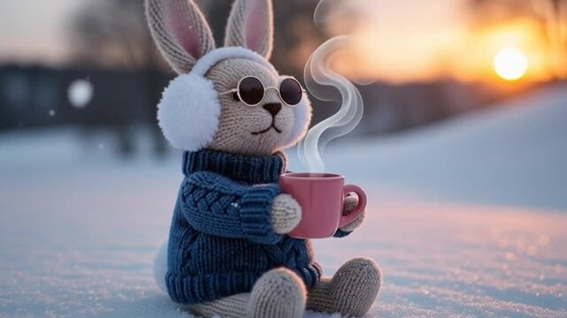 Charming knitted bunny in earmuffs and sunglasses enjoys a steaming hot beverage in a serene snowy landscape at golden hour, capturing cozy winter comfort