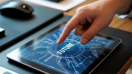 A hand touching a tablet screen displaying the word future with a blue circuit board background