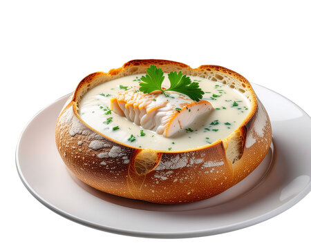 Romige vissoep heerlijk gepresenteerd in knapperig brood zacht licht. AI Generated