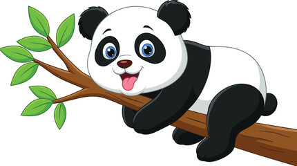 Cartoon cute panda bear lying on tree branch with tongue out, happy wild animal character, vector illustration isolated on white background, nature concept © Ashraful