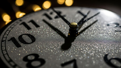 A close-up shot of an analog clock face with hands approaching midnight, featuring a textured surface and blurred festive lights in the background.