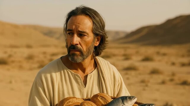 A biblical figure holds a basket of loaves and fishes in the desert. Cinematic reenactment of Jesus Christ and the miracle of feeding the multitude. A story of faith and provision