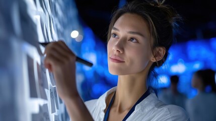 A woman is writing on a white board with a black pen