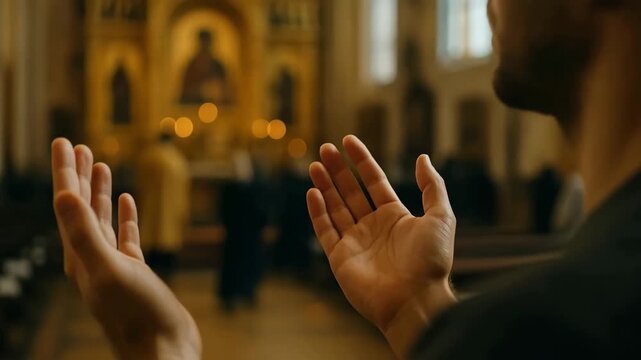 Man praying with hands raised up inside a church. Close-up on a person in worship during a religious service. Faith and spirituality concept