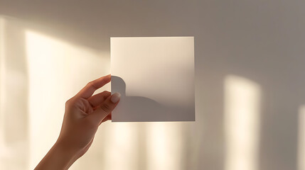A hand holds a blank square card in a sunlit room, casting soft shadows. Ideal for showcasing designs, announcements, or personalized messages. The light creates a warm, inviting feel.