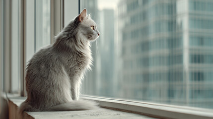 Cat sits by window and watches city landscape during day