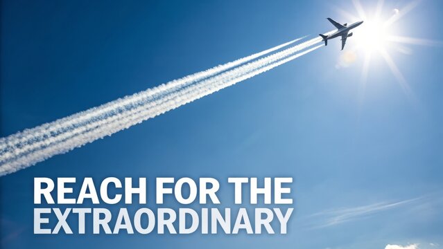 Airplane flying high across blue sky with white contrail