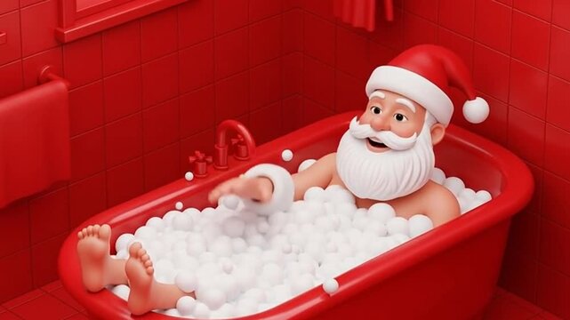Santa Claus relaxing in a bubble bath in a red bathroom