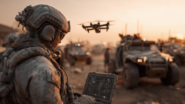 USA military personnel operating advanced drone systems and digital command tools in desert environment representing modern warfare intelligence surveillance and defense operations