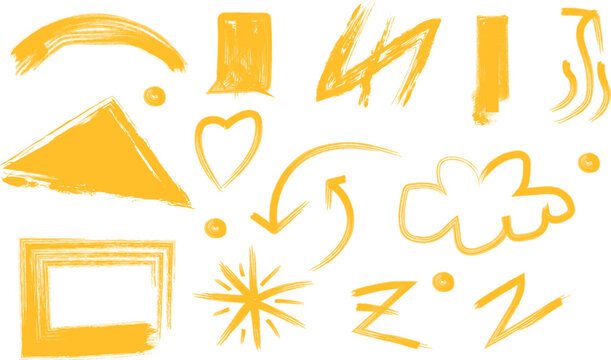 A collection of 13 yellow hand drawn shapes isolated on transparent background