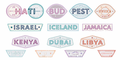 Collection of colorful travel stamps featuring various country and city names