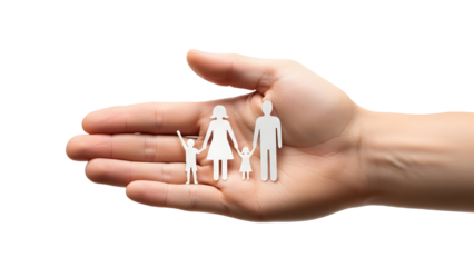 Hand holding paper cutout family figures against a plain white background