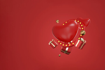 3D render of floating red hearts with gift boxes on red background