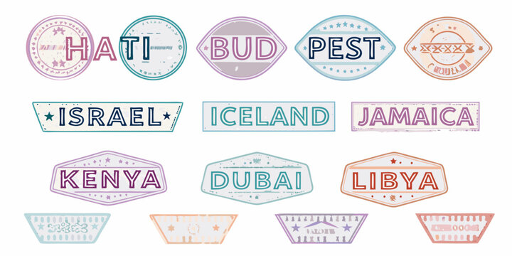 Collection of colorful travel stamps featuring various country and city names