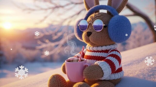 Charming knitted bunny character enjoying a comforting hot cocoa in a serene snowy winter wonderland, bathed in the soft glow of a tranquil sunset with gentle snowflakes falling