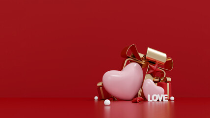 3D render of LOVE text with red gift boxes and pink hearts.