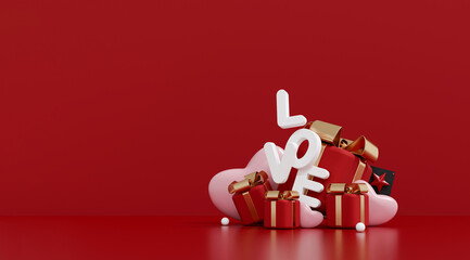 3D render of LOVE text with red gift boxes and pink hearts.