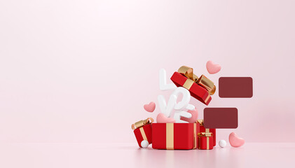 3D Valentine's Day sale banner with red gift boxes on pink background.