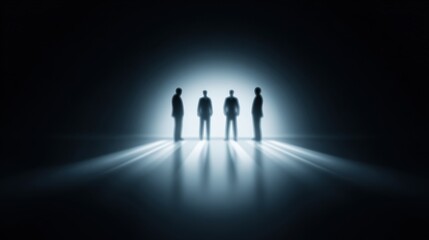 Four silhouettes of men standing in a dark room