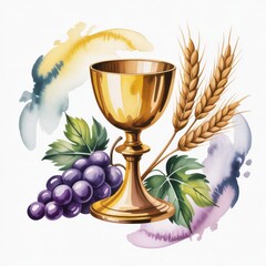 Golden chalice with grapes wheat leaves and watercolor background