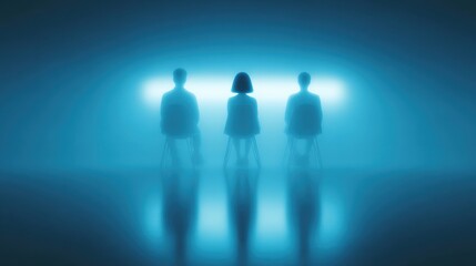 Three people are sitting in chairs in front of a blue wall