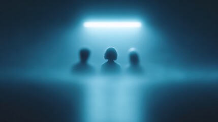 A blurry image of three people in a dark room with a neon light