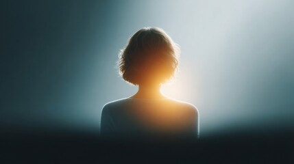 A woman with a short haired, blonde head is looking at the camera