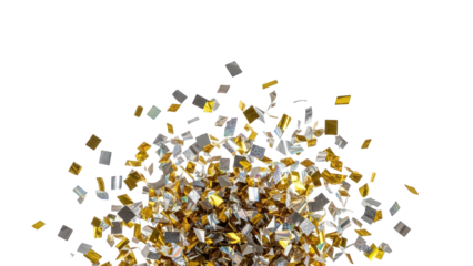 Golden and silver confetti bursting in festive celebration
