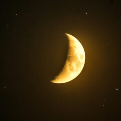 Bright crescent moon glowing in the dark starry night sky with visible craters and celestial bodies