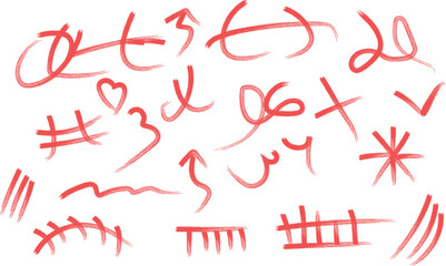 A collection of various red handwritten symbols and doodles isolated on transparent background