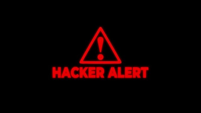 A digital alert graphic indicating a system has been hacked, featuring warning symbols and red background.