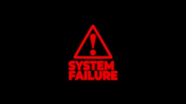 A digital display screen showing a bold warning message: System Failure in striking red text against a dark background.