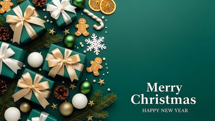 Fototapeta premium Elegant Christmas background with green gift boxes, gingerbread men, and festive decorations.
