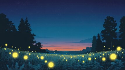Glowing fireflies in a serene nighttime landscape with a colorful sunset sky and dark