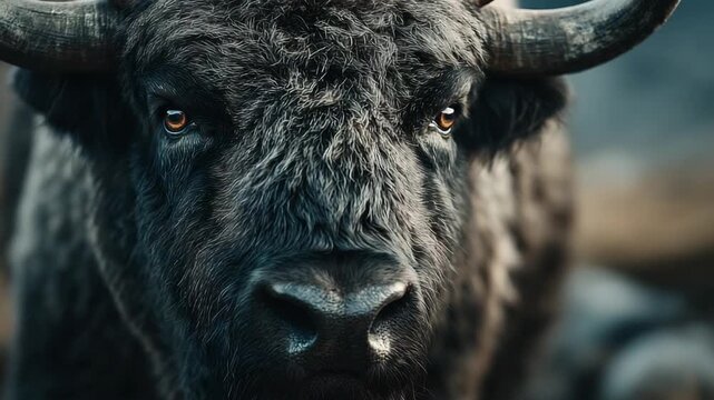 Powerful Bison: A close-up portrait of a majestic bison, its intense gaze conveying strength and resilience, with textured fur and prominent horns.