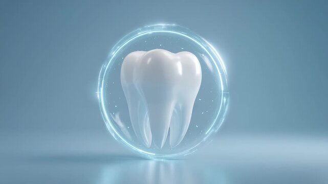 Minimalistic tooth inside protective energy shield representing oral hygiene dental safety preventive care and advanced dentistry innovation on soft blue background
