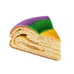 Colorful Mardi Gras king cake slice with sugar coating