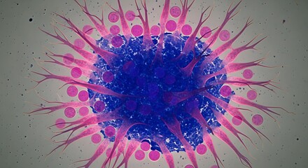 Macro view of a complex biological cell with pink tentacles and blue core under a microscope