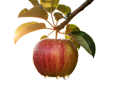close up of a appel with water drops on a tree .