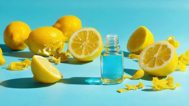 Citrus Freshness: Lemon Oil Bottle, Lemon Slices, and Zest on a Turquoise Background