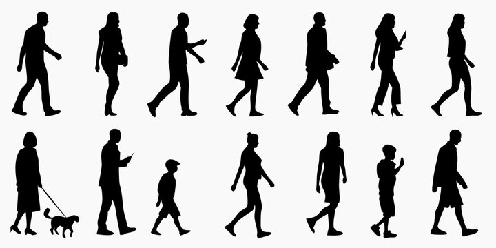Silhouettes of people walking in different poses and with a dog