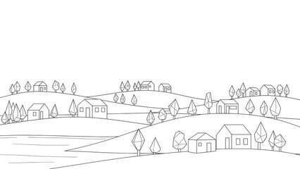 Obraz premium Outlined rural landscape depicting hills houses and trees