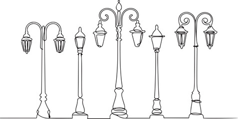 continuous one line drawing set of vintage street lampposts.one line  vector illustration  with out background